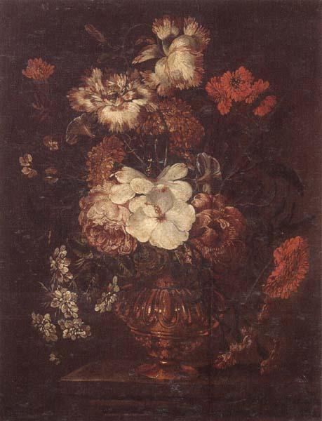 unknow artist Still life of Roses,Carnations,Daisies,peonies and convulvuli in a gilt vase,upon a stone ledge oil painting image
